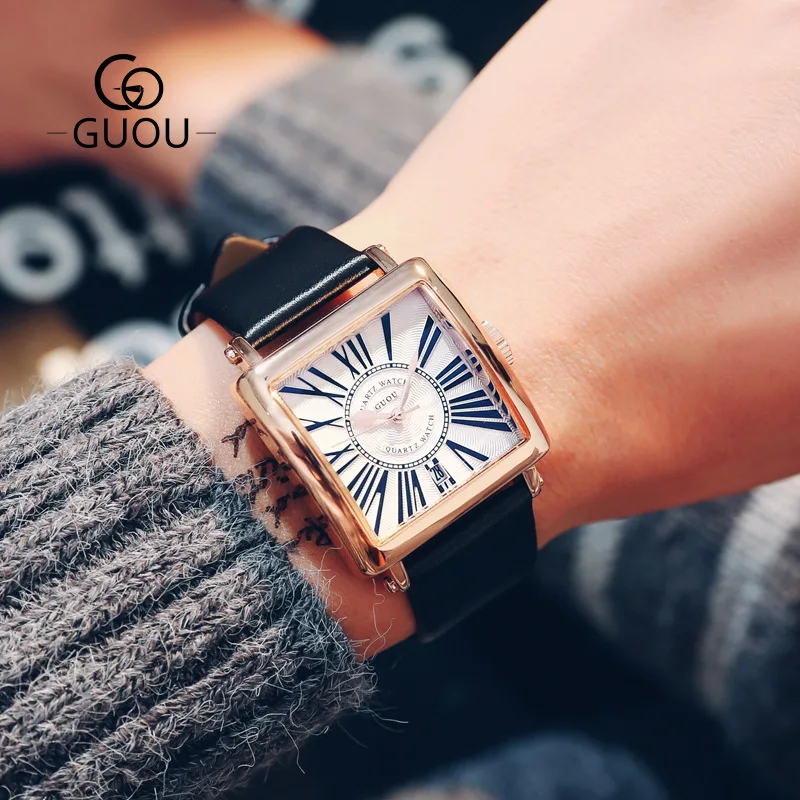 2019Ladies Watches square dials blue light men's quartz watches Roman digital weather belt watches G8093