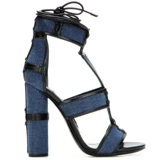 Newest Women Lace Up Gladiator Sandals Patchwork Denims Ankle Wrap High Heels Shoes Thick Heels Women Pumps Shoes Top Quality