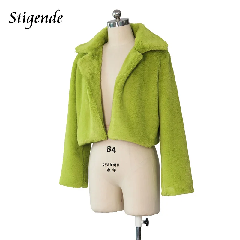 Stigende Vrouwen Sexy Bont Nep Pluizige Crop Jas Lange Mouwen Warm Faux Fur Club Jas en Jassen Casual Turn Down kraag Party Jas