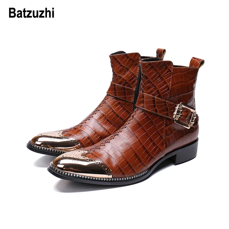 

Batzuzhi Handsome Winter Boots Men Rome Brown Genuine Leather Men Boots Short Metal Tip Cowboy Motorcycle Ankle Boots Cool, US12