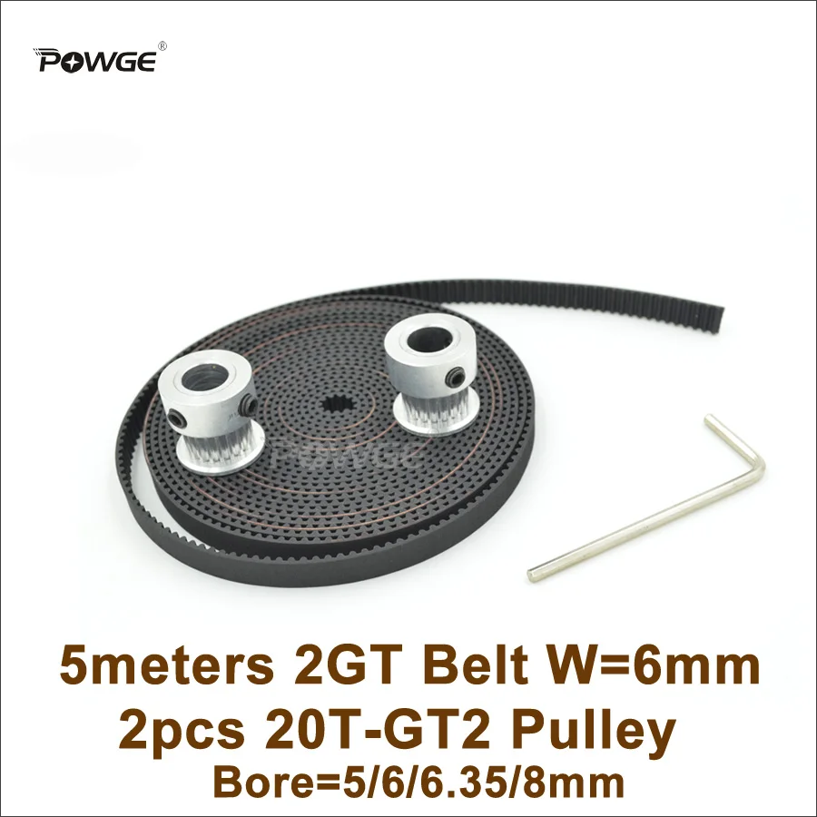 

POWGE 2pcs 20 Teeth GT2 Timing Pulley Bore 5/6/6.35/8mm + 5M GT2 Timing Belt Width 6mm 20Teeth 20T 2GT Pulley 3D Printer Parts