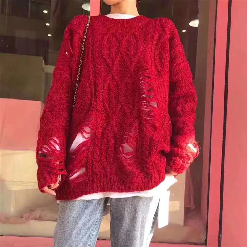 2019  female new spring red with hole solid color  fashion lazy wind round neck all-match knit loose sweater