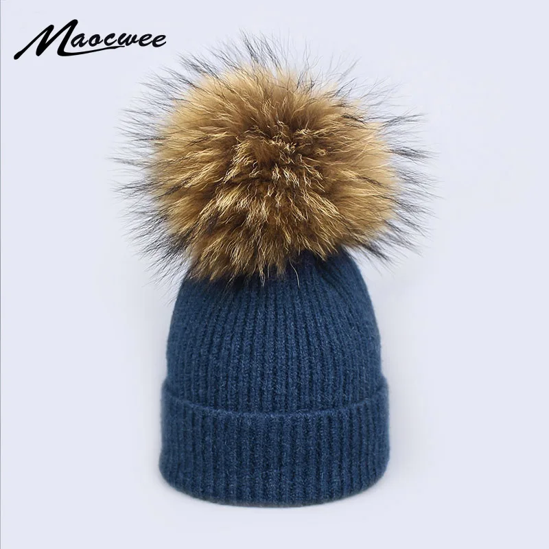 

2018 Natural Raccoon Fur Pompon Hat Thick Winter for Women Cap Beanie Hats Knitted Cashmere Wool Caps Female Skullies Beanies