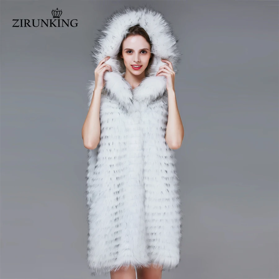 ZIRUNKING Trắng Gấu Trúc Lót Lông Có Mũ Trùm Đầu Thời Trang Ôm Dáng Lông Áo Vest Cho Mùa Thu Đông Dài Kintted Sọc Áo Khoác Ngoài ZC1720