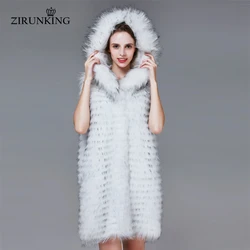 Zirunking branco casaco de pele de guaxinim com capuz moda magro colete de pele para o outono longo kintted tarja outerwear zc1720