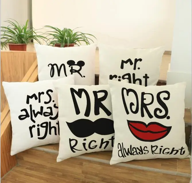 Lovers Wedding Cushion Cover, Creative Lovers, MRS, MR Linen Pillow Cover, Dog Sofa Bed, Car Room, Home Decor, FG284