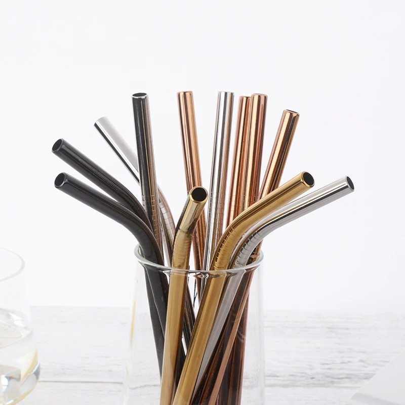 304 Stainless Steel Straight Bent Metal Straw with Brush, Fruit Juice Drinkware, Bar Party, 2Pcs, 8mm