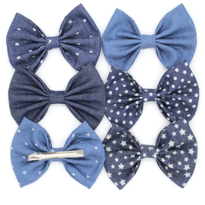 10Pcs/Lot 5''/4" Big Cute Denim Hair Bows With/Without Clips Messy Barrettes For Children Baby Hair Accessories