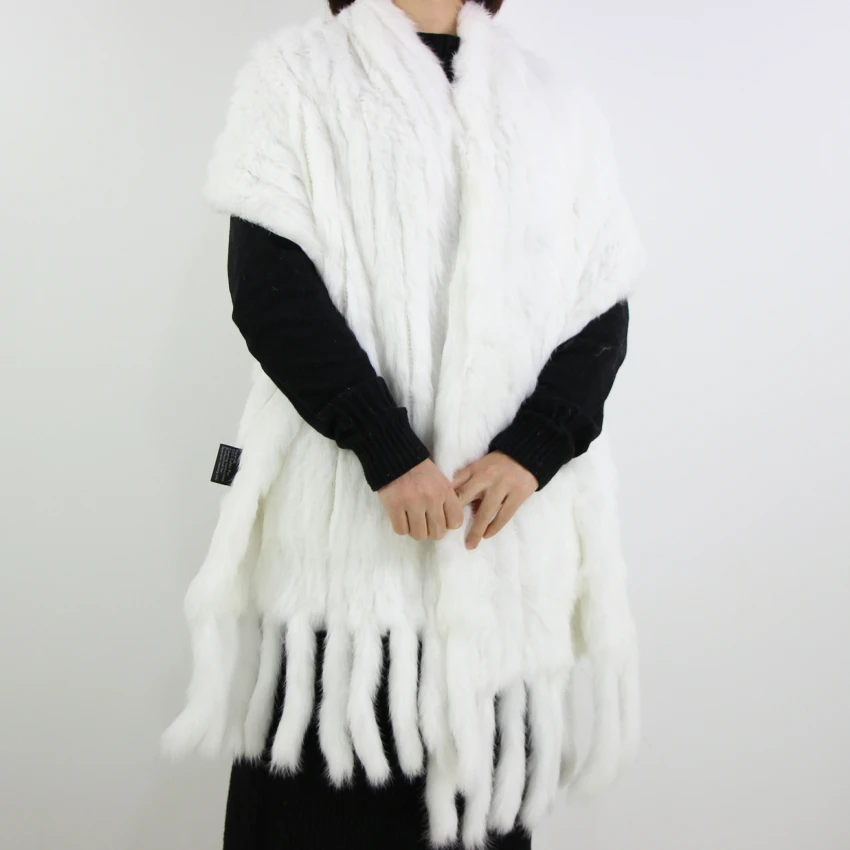 Harppihop*Luxury Women\'s Genuine Real Knitted rabbit Fur Scarves with Tassels Lady Pashmina Wraps Autumn Winter Women Fur Shawls