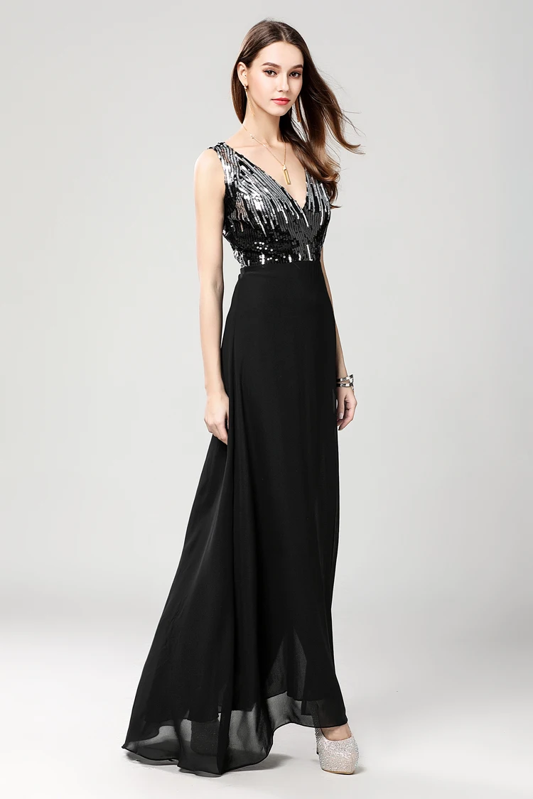 B0060 New Black sequin V-neck High Slit Chiffon Sleeveless Prom Ball Gown Formal Women Maxi Long Dresses A-Line