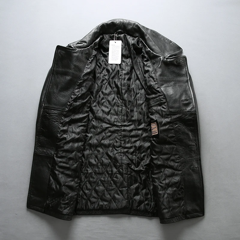 AVIREXFLY 2018 New Men Black Cow skin Genuine Leather Jacket Smart Casual Cowhide Double breasted Jacket Winter Coats
