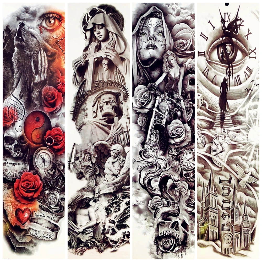 

Christ Pray Totem Women Black Temporary Tattoo Full Arm Design 48x17CM Big Water Transfer Tattoo Stickers Clock Wolf Castle