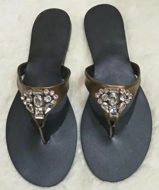 

2018 Summer New real leather women's slippers rhinestone flat sandals thong toe beach slippers casual shoes female shoes black