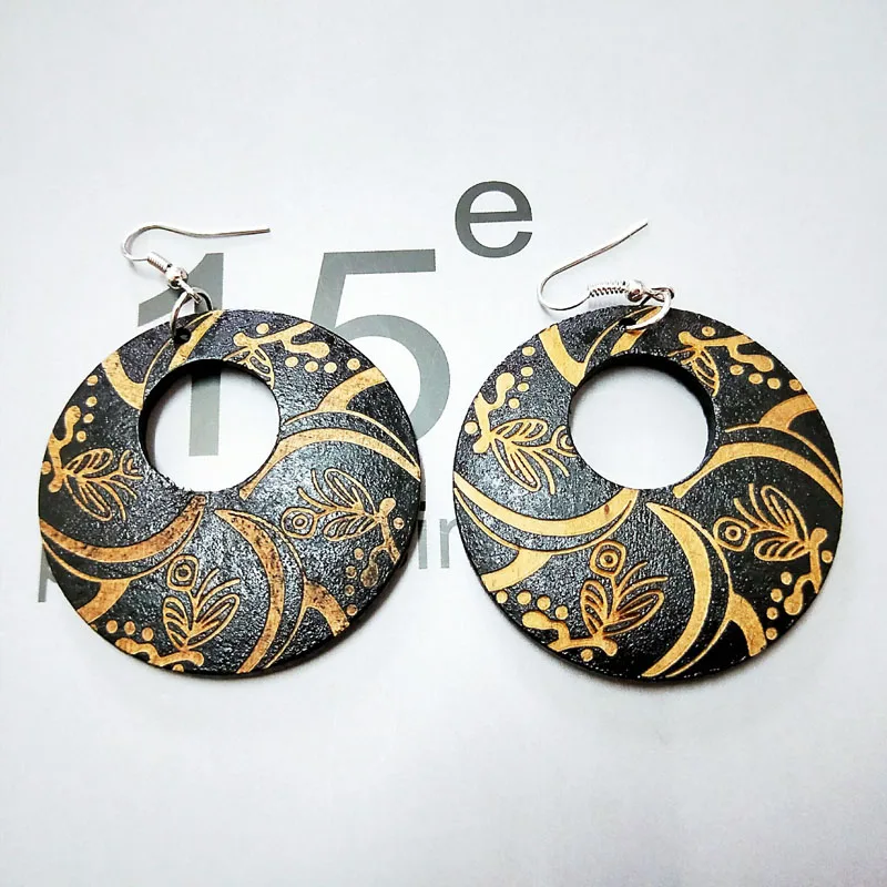 Black Wood Round Africa Handmade Engraved Flower DIY Tribal Earring Wooden Vintage Ethnic Accessories Ear African Boho Jewelry