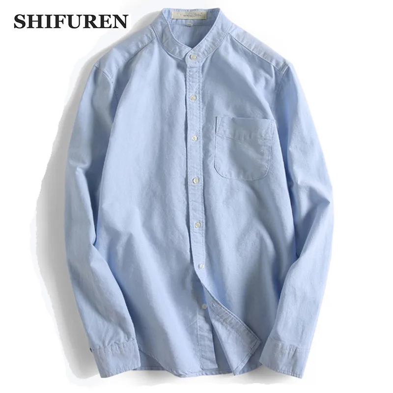 

SHIFUREN Long Sleeve Causal Shirts Men 100% Pure Cotton Stand Collar Male Dress Shirts Male Camisa Masculina Top Size M-2XL