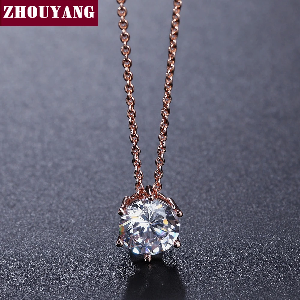 ZHOUYANG Necklace For Women Simple Six Claw 8mm Cubic Zirconia Rose Gold Color Fashion Jewelry Pendant Gift ZYN431 ZYN432