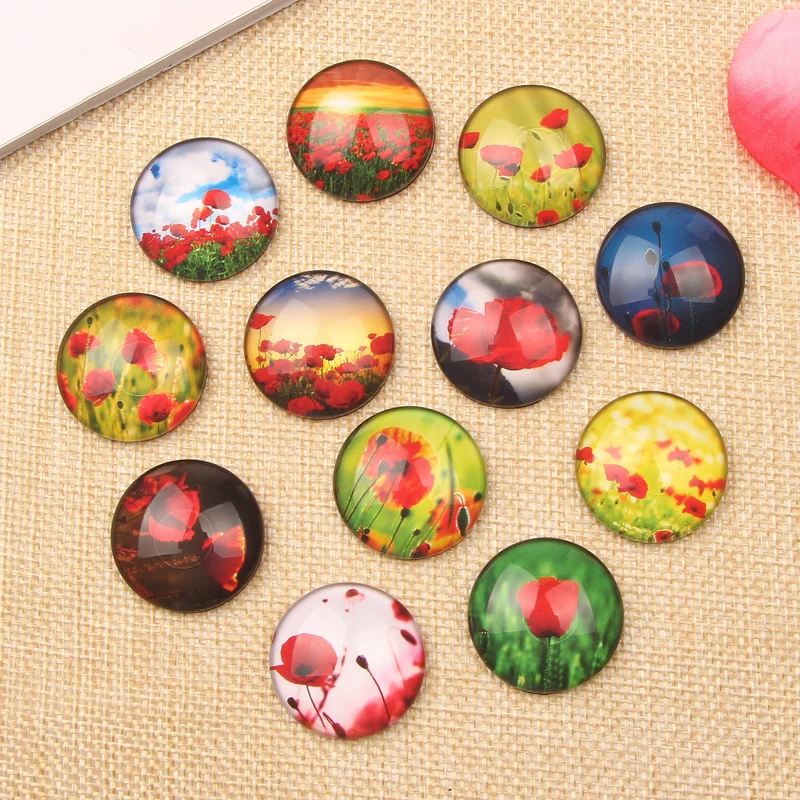 reidgaller Round Poppy flower Glass Cabochon 10mm 12mm 14mm 18mm 20mm 25mm dome flatback photo cameo for jewelry necklace