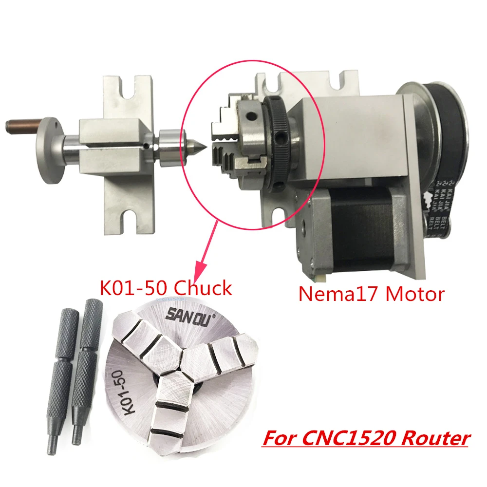 CNC 4th Axis Dividing Head Tailstock Kit Nema17 Motor 3-Jaw 50mm Chuck K01-50 Rotary Axis for DIY Woodworking CNC1520 Router