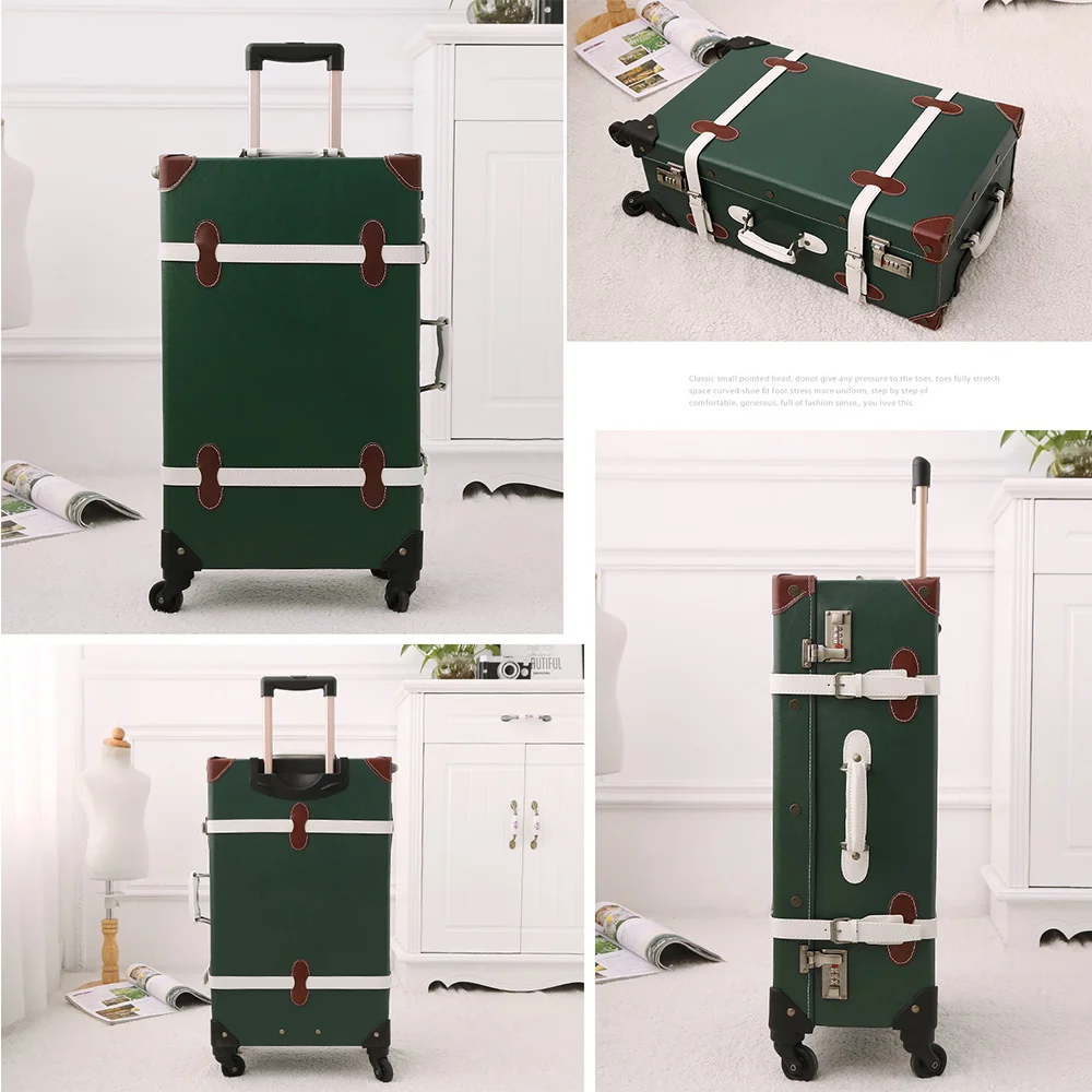 UNIWALKER PU Leather Dark Green Retro Rolling  Luggage 20''22''24''26'' Set Travel Trolley Suitcase Carry On with Spinner Wheels