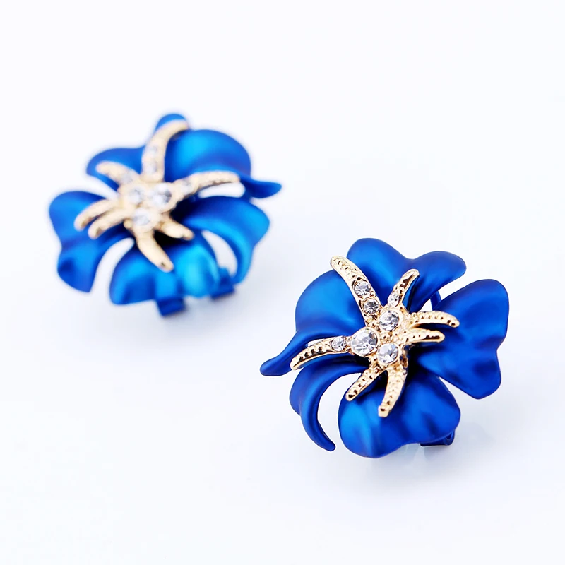 New Arrival Blue Flower Inlaid Rhinestones Stud Earrings for Girls Statement Fashoin Ear-ring Earbob Eardrop Women Jewelry