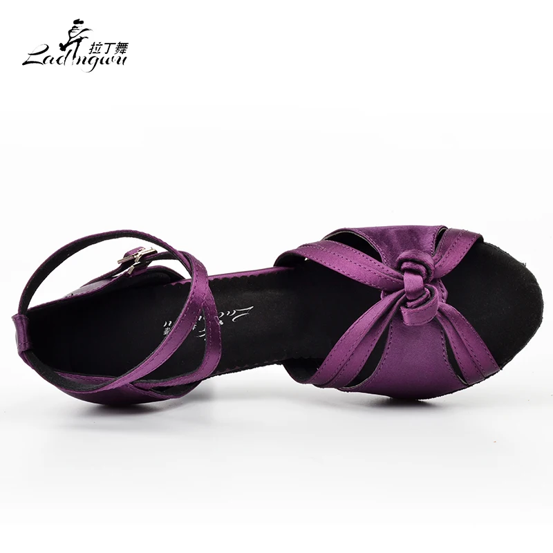 Ladingwu-zapatos de baile latino con nudo de cinta morada para mujer, zapatos de baile de salón de fondo suave, satén