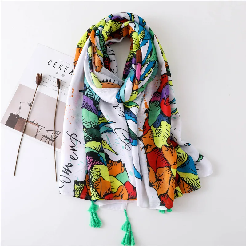 Fashion Luxury Brand Fruit Letter Pattern Tassel Viscose Shawl Scarf Ladies Soft Head Wraps Pashmina Stole Muslim Hijab 180*90Cm