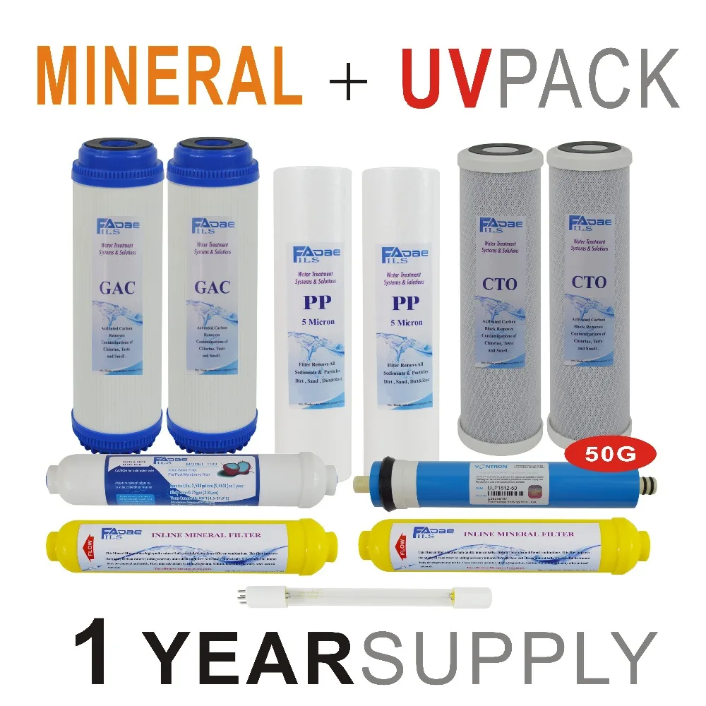 1 Year Supply Mineral Ultraviolet Reverse Osmosis System Replacement Filter Sets -11 Filters with UV Bulb and 50 GPD RO Membrane