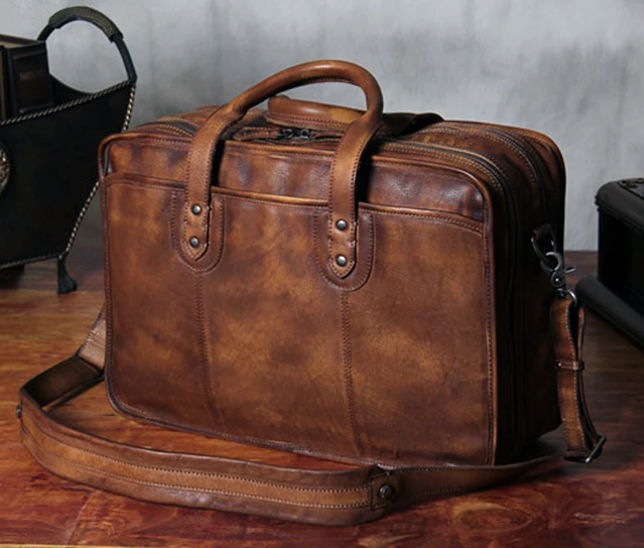 Luxury Vintage Men Genuine Leather shoulder bag Leather messenger bag men crossbody bag male tote handbag large 15.4\