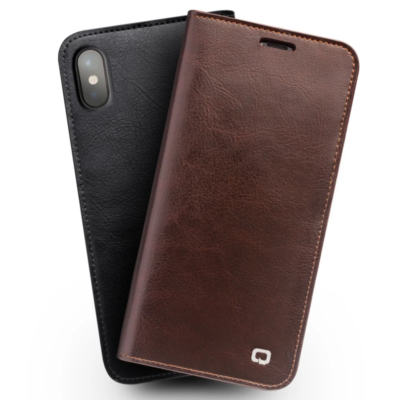 QIALINO Case for iPhone XS Handmade Genuine Leather Wallet Card Slot Bag Case for iPhone X Luxury Ultra Slim Flip Cover 5.8-inch