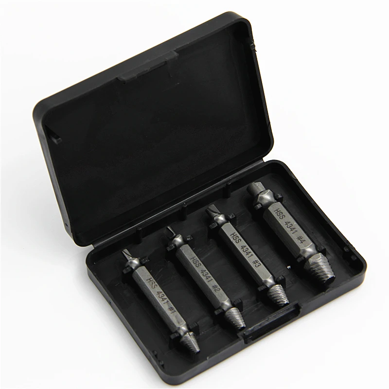 HSS 4341 4pcs Damaged Screw Remover Double-End Stripped Screws  Extractor Set Bolt Extractor For Drill Taladro Manual