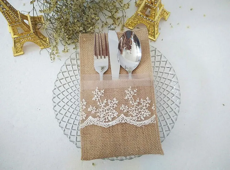 Natural Hessian Burlap Cutlery Holder Pouch Bag with Lace  Flower Wedding Tableware Bags Favor , Pack of 50