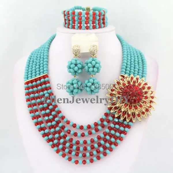 

African Nigerian style Wedding Crystal Beads jewelry set Wedding bridal Bracelet Earrings necklace Jewelry set W5985