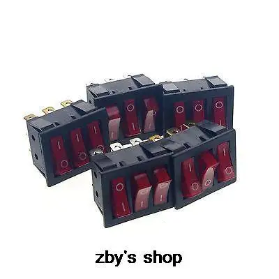 5 xDPDT  Red Light Illuminated Round Rocker Switch Three Position 9 Terminals