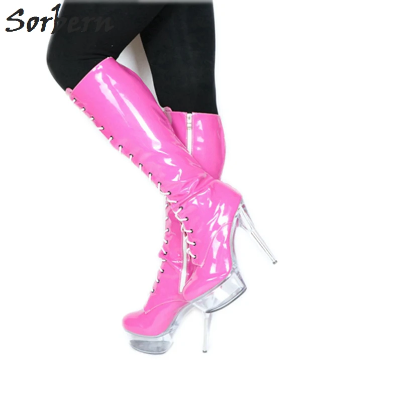 Sorbern Patent Pink Perspex High Heels Women Boots Knee High Sexy Lace Up Sales Shoes Women Platform Pole Dance Booties New