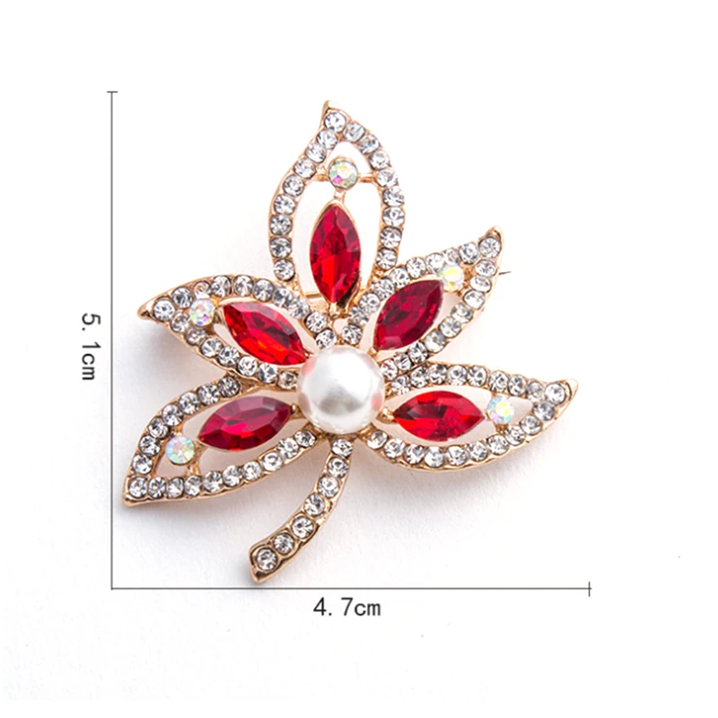 fancy 100pcs wholesale metal maple leaf crystal pearl rhinestone crystal brooch pin for wedding