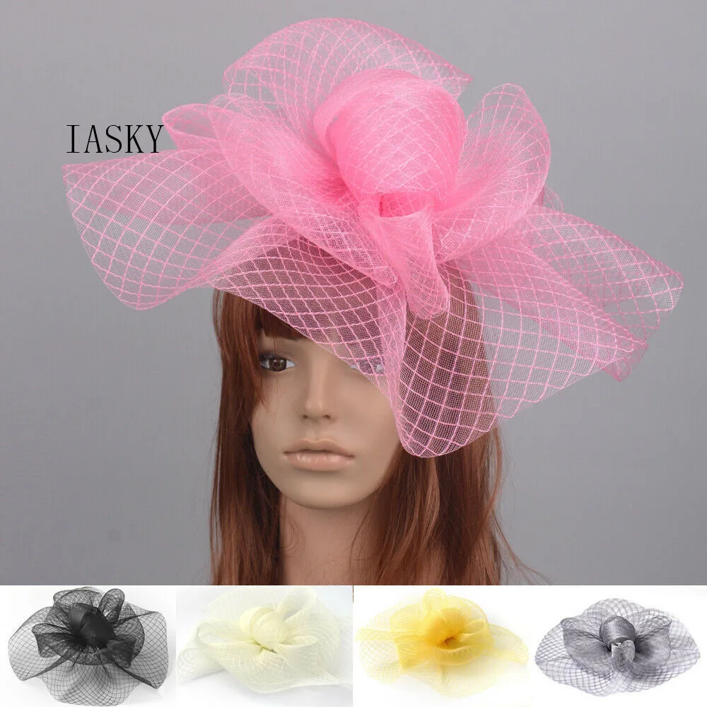 2019 Large Fascinator Hat Hair Clip Bride Ladies Wedding Mesh Strip Headpiece Cocktail Party PInk Yellow Party Hair Accessories