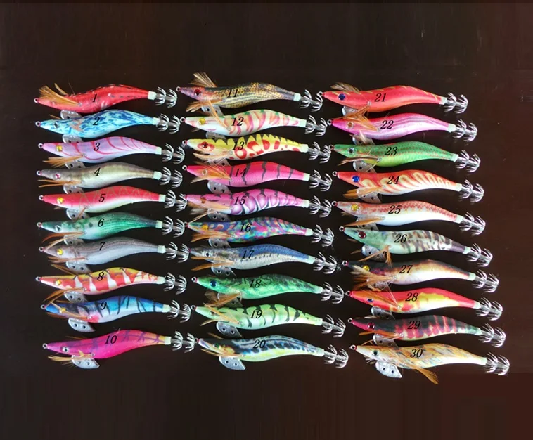 

10Pcs Octopus Squid Jigs Lures Cuttlefish Artificial Bait Wood Shrimp Fishing Lure 2.5# 3.5# Hooks 10cm 13.5cm Random Color