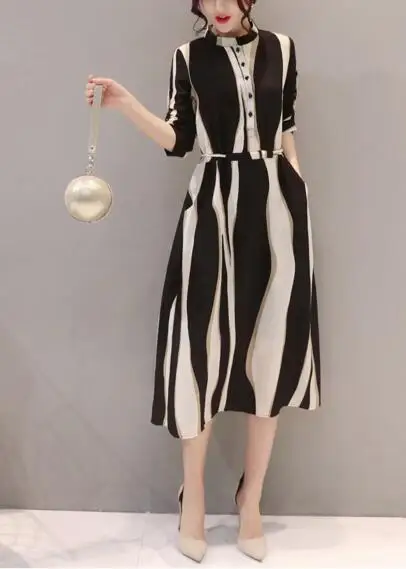 

2022 new women's Korean version of the slim slimming chiffon seven-point sleeves geometric striped A-line dres