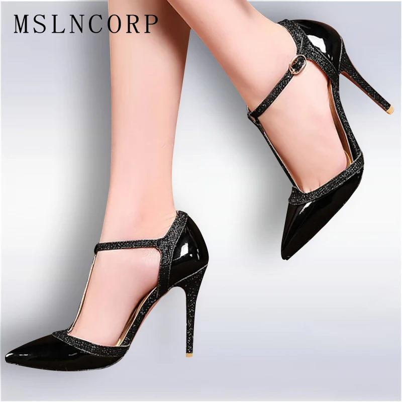 

Size 34-47 New High Heel Pointed Toe Sandals Patent Leather Party Wedding Women Glitter Ankle Bluckle Shoes Sexy Dating Footwear