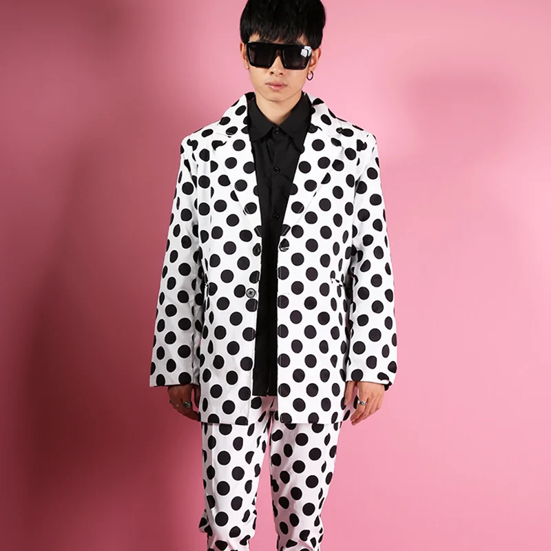 Hot New Mens Bianco E Nero Polka Dots Abiti Classici Vestito Allentato Discoteche Casual Giacche Uomini Abiti Maree Moda Nono pantaloni