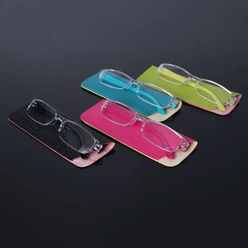 Unisex Lightweight Clear Fashion Rimless Reading Glasses 1.00-4.00 Diopter Eyewear With Leather Case