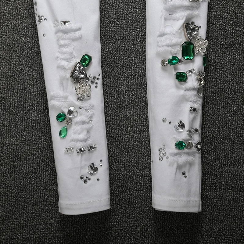 Vintage Green Diamonds Mid Waist Womens Casual Jeans Female Trousers New Fashion High Quality Skinny Stretch Pencil Pants Hole