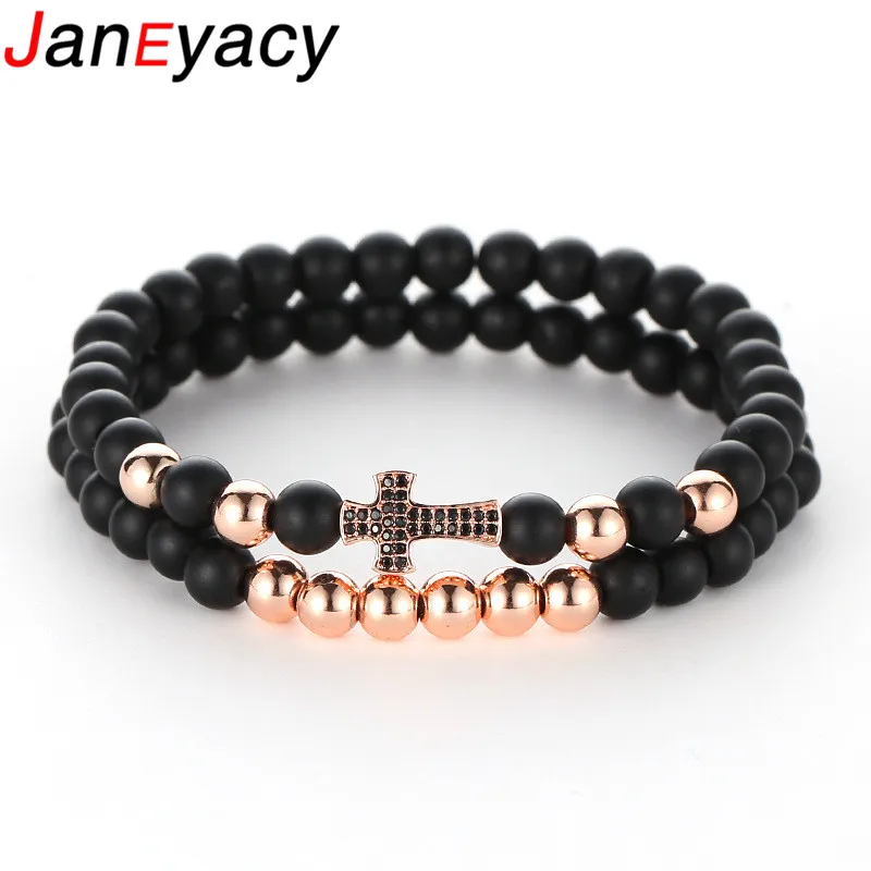 Janeyacy 1 Sct 2Pcs Fashion 6mm Natural Stone Beads Bracelet Women Popular Black Frosted Stone Zircon Bracelet Men Pulseras