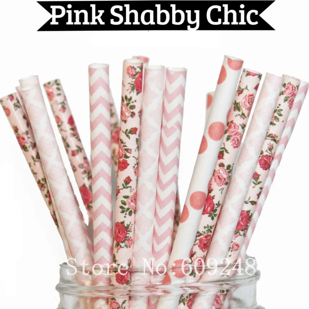 100 Pcs Mix Colors Shabby Chic Party Paper Straws,Light Pink Polka Dot,Chevron,Damask,Flower,Floral,Wedding,Baby Shower,Bulk