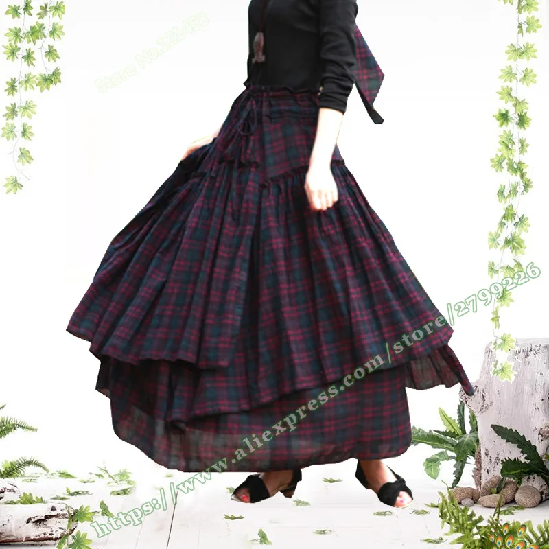 

Female Clothing Pastoral Retro Vintage Casual Style Large Plus Size 7XL 8XL Plaid Pleated Asymmetrical Ladies Maxi Skirts Womens