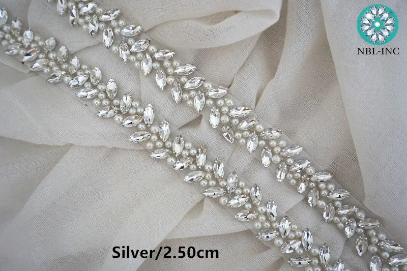 (10 yards) Wholesale bridal hand beaded sewing silver crystal rhinestone applique trim iron on for wedding dress  WDD0905