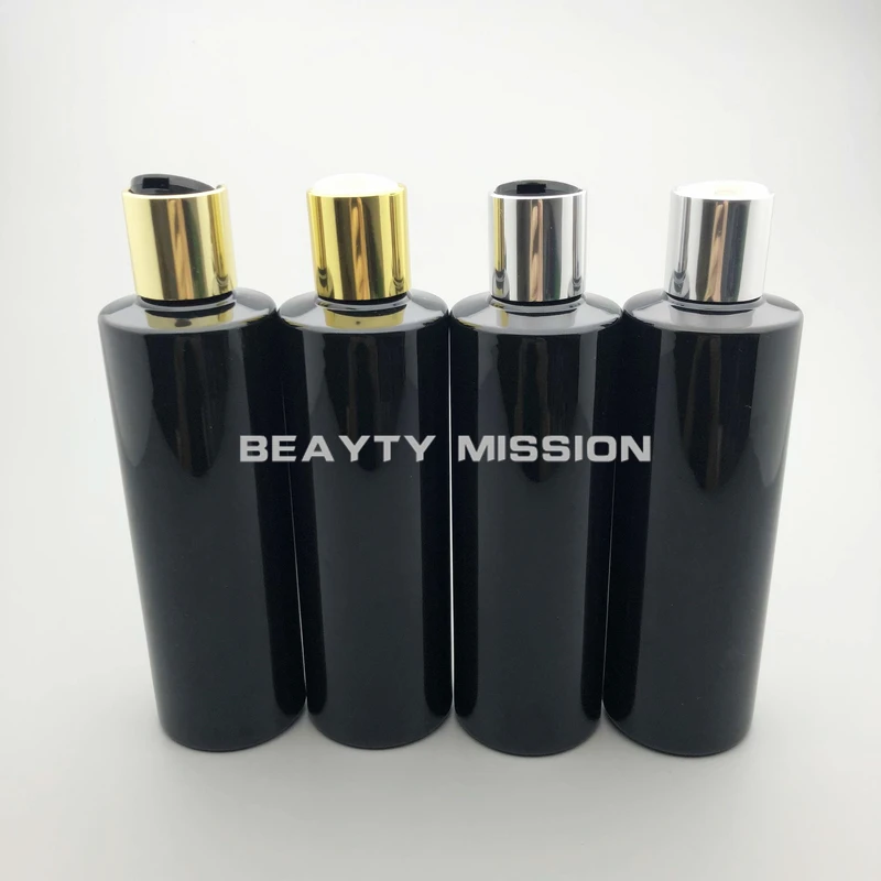 BEAUTY MISSION 250ML 24Pcs/Lot Black Plastic Bottle With Electrified aluminum Gold/Silver Disc Top Cap,250CC Makeup Sub-bottling