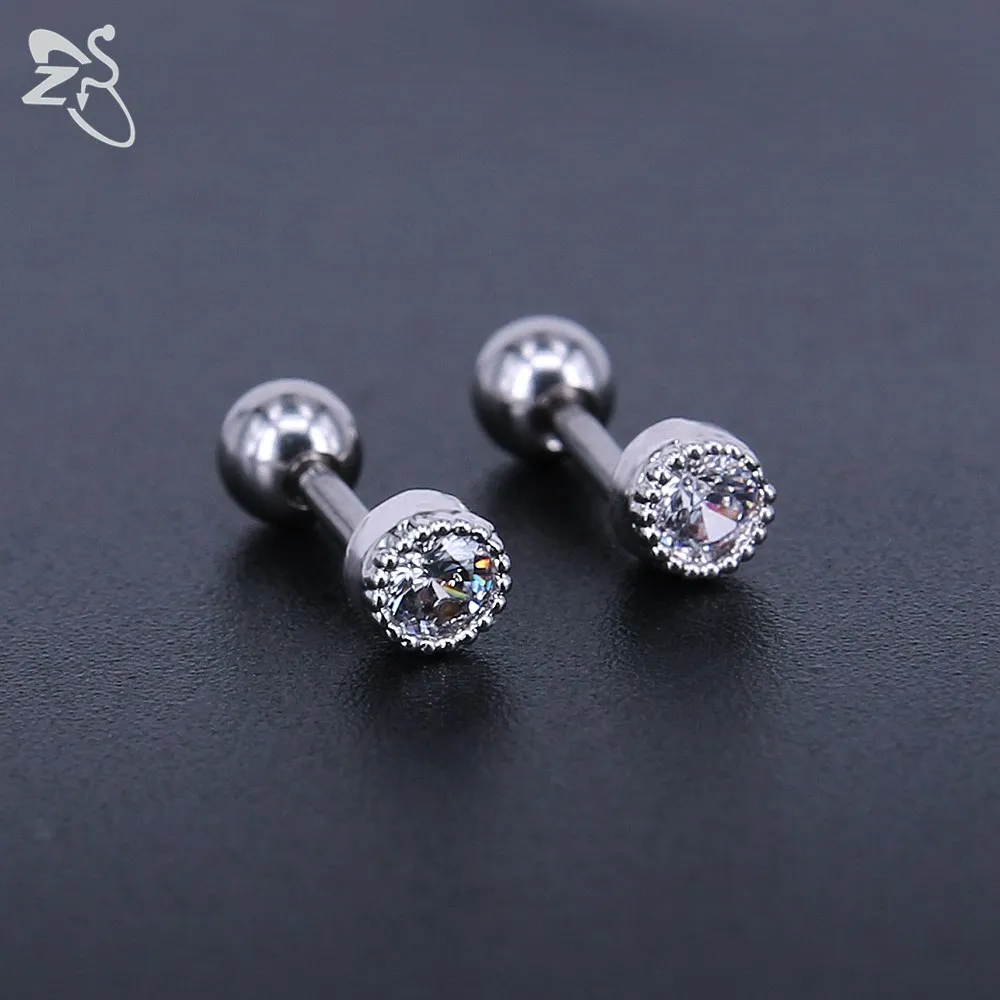 Round Tiny Earrings Crystals Gems Simple Style Ear Stud Stainless Steel Pierced Tragus Cartilage Earring For Women Accessories