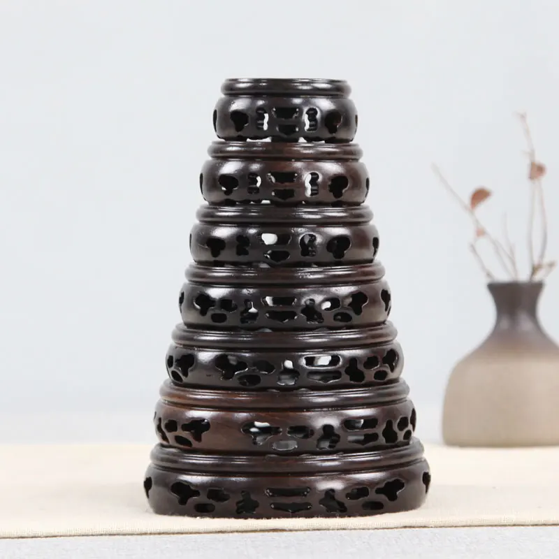 4.3-10.3cm Diameter Ebony Pierced Base Carved Base Rosewood Craftwork Solid Wood Base Vase Teapot Antique Jade Black