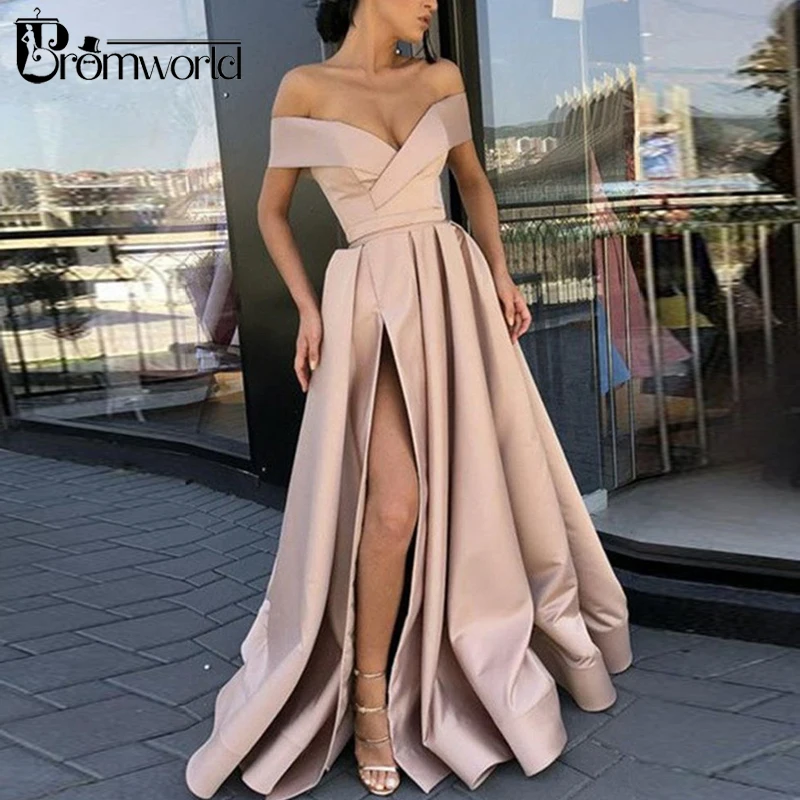 Rode Prom Dresses 2020 Off De Schouder Hoge Split Lange Prom Gown Met Zakken Vestidos De Fiesta Largos Elegantes De gala